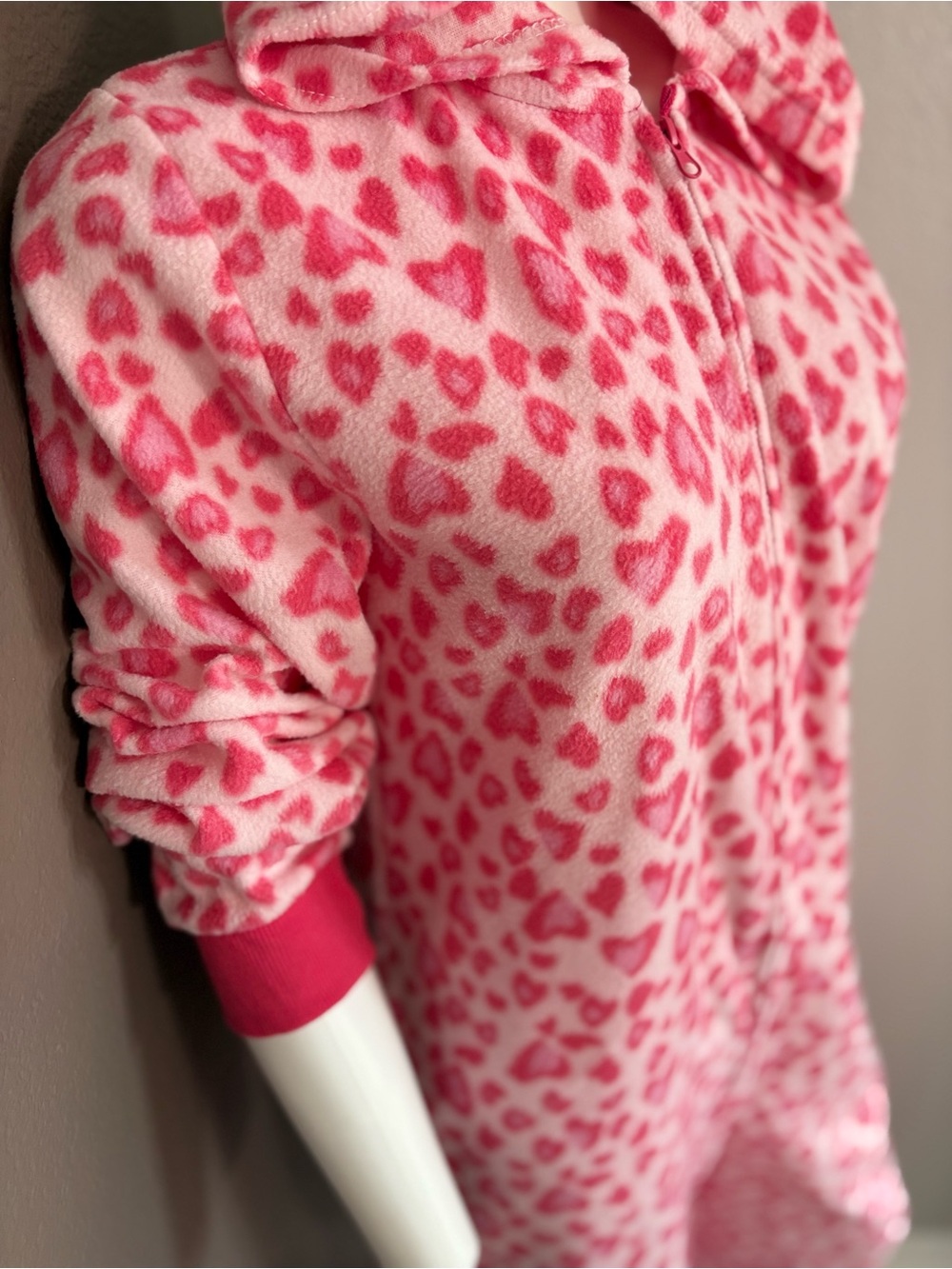 Pink Heart Print Fleece Onesie Pajama with Hood - Picture 2 of 6